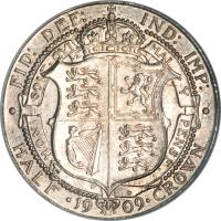 reverse of 1/2 Crown - Edward VII (1902 - 1910) coin with KM# 802 from United Kingdom. Inscription: FID: DEF: IND: IMP: · HALF · 19 09 · CROWN · HONI SOIT · QUI MAL Y PENSE ·