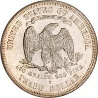 reverse of 1 Dollar - Trade Dollar (1873 - 1885) coin with KM# 108 from United States. Inscription: UNITED STATES OF AMERICA E PLURIBUS UNUM 420 GRAINS, .900 FINE. TRADE DOLLAR