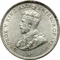 obverse of 25 Cents - George V (1919 - 1926) coin with KM# 105a from Ceylon. Inscription: GEORGE V KING AND EMPEROR OF INDIA · B.M