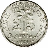 reverse of 25 Cents - George V (1919 - 1926) coin with KM# 105a from Ceylon. Inscription: CEYLON 25 CENTS · 1921 ·