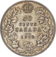 reverse of 50 Cents - George V (1912 - 1919) coin with KM# 25 from Canada. Inscription: 50 CENTS CANADA 1916