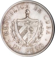 obverse of 1 Peso (1915 - 1934) coin with KM# 15 from Cuba. Inscription: REPUBLICA DE CUBA UN PESO