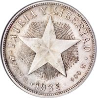 reverse of 1 Peso (1915 - 1934) coin with KM# 15 from Cuba. Inscription: PATRIA Y LIBERTAD 26.7295 G * 1932 * 900 m