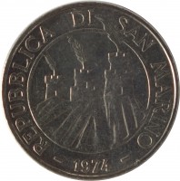 obverse of 50 Lire (1974) coin with KM# 35 from San Marino. Inscription: REPUBBLICA DI SAN MARINO 1974