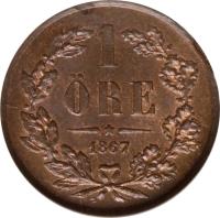 reverse of 1 Öre - Carl XV Adolf (1860 - 1872) coin with KM# 705 from Sweden. Inscription: 1 ÖRE 1871