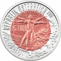 obverse of 25 Euro - Robotics (2011) coin with KM# 3204 from Austria. Inscription: REPUBLIK ÖSTERREICH 2011 25 EURO ROBOTIK