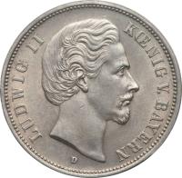 obverse of 5 Mark - Ludwig II (1874 - 1876) coin with KM# 896 from German States. Inscription: LUDWIG II KÖNIG V. BAYERN D