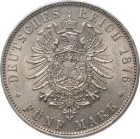 reverse of 5 Mark - Ludwig II (1874 - 1876) coin with KM# 896 from German States. Inscription: DEUTSCHES REICH 1876 * FÜNF MARK *