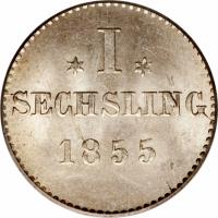 reverse of 1 Sechsling (1855) coin with KM# 585 from German States.