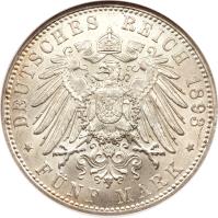 reverse of 5 Mark (1891 - 1913) coin with KM# 610 from German States. Inscription: DEUTSCHES REICH 1893 * FÜNF MARK *