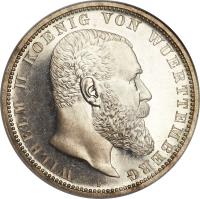 obverse of 5 Mark - Wilhelm II (1892 - 1913) coin with KM# 632 from German States. Inscription: WILHELM II KOENIG VON WUERTTEMBERG J