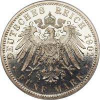 reverse of 5 Mark - Wilhelm II (1892 - 1913) coin with KM# 632 from German States. Inscription: DEUTSCHES REICH 1901 * FÜNF MARK *