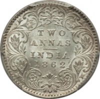 reverse of 2 Annas - Victoria (1862 - 1876) coin with KM# 469 from India. Inscription: T W O A N N A S I N D I A 1 8 6 2