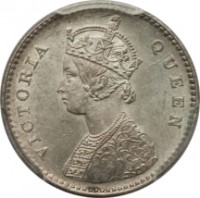 obverse of 2 Annas - Victoria (1862 - 1876) coin with KM# 469 from India. Inscription: VICTORIA Q U E E N