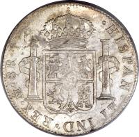 reverse of 8 Reales - Carlos IV (1791 - 1808) coin with KM# 109 from Mexico. Inscription: · HISPAN · ET IND · REX · · 8R · P · J ·