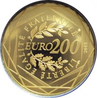 reverse of 200 Euro - French Regions - 2'nd Type (2012) coin with KM# 2074 from France. Inscription: EURO 200 LIBERTÉ ÉGALITÉ FRATERNITÉ 2012