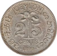 reverse of 25 Cents - Victoria (1892 - 1900) coin with KM# 95 from Ceylon. Inscription: CEYLON 25 CENTS 1895