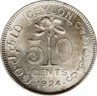 reverse of 50 Cents - George V (1919 - 1929) coin with KM# 109a from Ceylon. Inscription: CEYLON 5 0 CENTS · 1921 ·