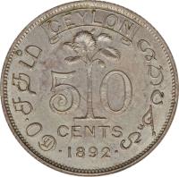 reverse of 50 Cents - Victoria (1892 - 1900) coin with KM# 96 from Ceylon. Inscription: CEYLON 5 0 CENTS · 1899 ·