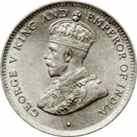 obverse of 25 Cents - George V (1911 - 1917) coin with KM# 105 from Ceylon. Inscription: GEORGE V KING AND EMPEROR OF INDIA · B.M