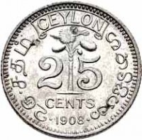 reverse of 25 Cents - Edward VII (1902 - 1910) coin with KM# 98 from Ceylon. Inscription: CEYLON 2 5 CENTS · 1910 ·