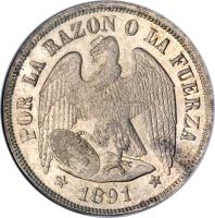 obverse of 1 Peso (1867 - 1891) coin with KM# 142 from Chile. Inscription: POR LA RAZON O LA FUERZA