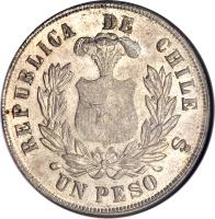 reverse of 1 Peso (1867 - 1891) coin with KM# 142 from Chile. Inscription: REPUBLICA DE CHILE UN PESO So