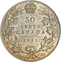 reverse of 50 Cents - George V - Without DEI GRATIA (1911) coin with KM# 19 from Canada. Inscription: 50 CENTS CANADA 1911