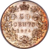 reverse of 50 Cents - Victoria (1870 - 1901) coin with KM# 6 from Canada. Inscription: 50 CENTS 1871 H