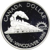 reverse of 1 Dollar - Elizabeth II - Vancouver (1986) coin with KM# 149 from Canada. Inscription: CANADA DOLLAR 1886 · VANCOUVER · 1986