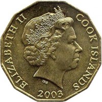 obverse of 5 Dollars - Elizabeth II - 4'th Portrait (2003) coin with KM# 418 from Cook Islands. Inscription: ELIZABETH II COOK ISLANDS 2003