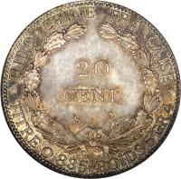 reverse of 20 Centimes (1898 - 1916) coin with KM# 10 from French Indochina. Inscription: · INDO - CHINE FRANÇAISE · 20 CENT. A TITRE 0,835 . POIDS 5 GR.4