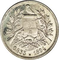 obverse of 2 Reales (1894 - 1899) coin with KM# 167 from Guatemala. Inscription: LIBERTAD 15 DE SETIEMBRE DE 1821 0.835 1895