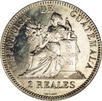 reverse of 2 Reales (1894 - 1899) coin with KM# 167 from Guatemala. Inscription: 30 DE JUNIO DE 1871 2 REALES REPUBLICA DE GUATEMALA