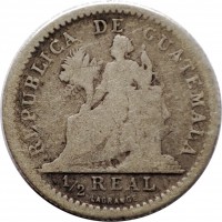 reverse of 1/2 Real (1894 - 1897) coin with KM# 165 from Guatemala. Inscription: REPUBLICA DE GUATEMALA 1/2 REAL LAGRANGE