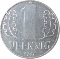 reverse of 1 Pfennig (1960 - 1990) coin with KM# 8 from Germany. Inscription: 1 PFENNIG 1968 A