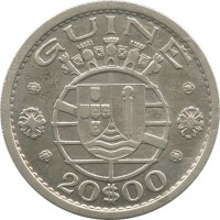 obverse of 20 Escudos (1952) coin with KM# 11 from Guinea-Bissau. Inscription: GUINÉ 20$00