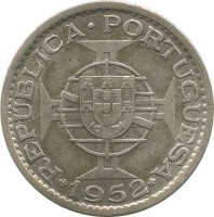 reverse of 20 Escudos (1952) coin with KM# 11 from Guinea-Bissau. Inscription: REPUBLICA · PORTUGUESA · 1952 ·