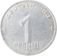 reverse of 1 Pfennig (1952 - 1953) coin with KM# 5 from Germany. Inscription: DEUTSCHLAND 1 PFENNIG E