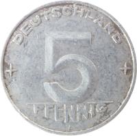 reverse of 5 Pfennig (1952 - 1953) coin with KM# 6 from Germany. Inscription: DEUTSCHLAND 5 PFENNIG E
