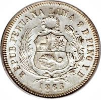 obverse of 1/5 Sol (1863 - 1875) coin with KM# 191 from Peru. Inscription: REPUBLICA PERUANA LIMA 9 D FINO Y.B 1866