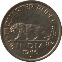 reverse of 1/4 Rupee - George VI (1946 - 1947) coin with KM# 548 from India. Inscription: QUARTER RUPEE INDIA 1946