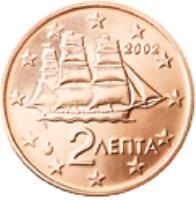 obverse of 2 Euro Cent (2002 - 2017) coin with KM# 182 from Greece. Inscription: 2 ΛΕΠΤΑ 2002 ΓΣ