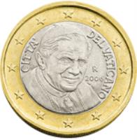 obverse of 1 Euro - Benedict XVI - 2'nd Map (2008 - 2013) coin with KM# 388 from Vatican City. Inscription: CITTA' DEL VATICANO D.L. R 2013 ELF INC.