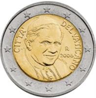 obverse of 2 Euro - Benedict XVI - 2'nd Map (2008 - 2013) coin with KM# 389 from Vatican City. Inscription: CITTA' DEL VATICANO 2008 R D. L. M.C.C INC.