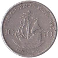 reverse of 10 Cents - Elizabeth II - 2'nd Portrait (1981 - 2000) coin with KM# 13 from Eastern Caribbean States. Inscription: EAST CARIBBEAN STATES 1987 10 10 TEN CENTS