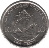 reverse of 10 Cents - Elizabeth II - Magnetic; 4'th Portrait (2009 - 2014) coin with KM# 37a from Eastern Caribbean States. Inscription: EAST CARIBBEAN STATES 2009 10 10 TEN CENTS