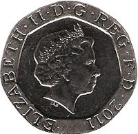 obverse of 20 Pence - Elizabeth II - 4'th Portrait (2008 - 2015) coin with KM# 1111 from United Kingdom. Inscription: ELIZABETH · II · D · G · REG · F · D · 2008 IRB