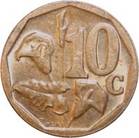 reverse of 10 Cents - AFORIKA BORWA (2004) coin with KM# 326 from South Africa. Inscription: 10c RCM