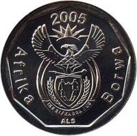 obverse of 10 Cents - Afrika Borwa (2005) coin with KM# 292 from South Africa. Inscription: Afrika Borwa 2005 ALS